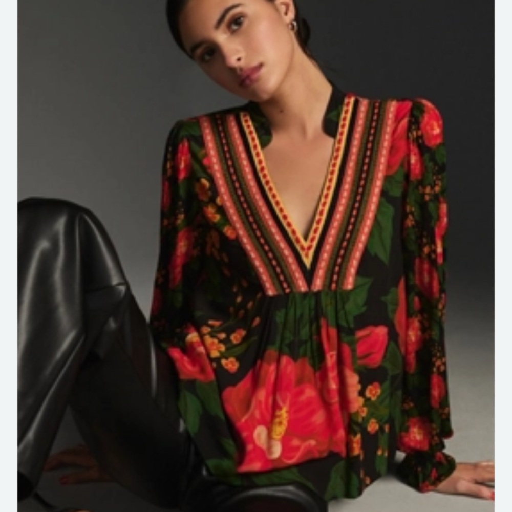 Vibrant Floral V-Neck Blouse - Black and Red